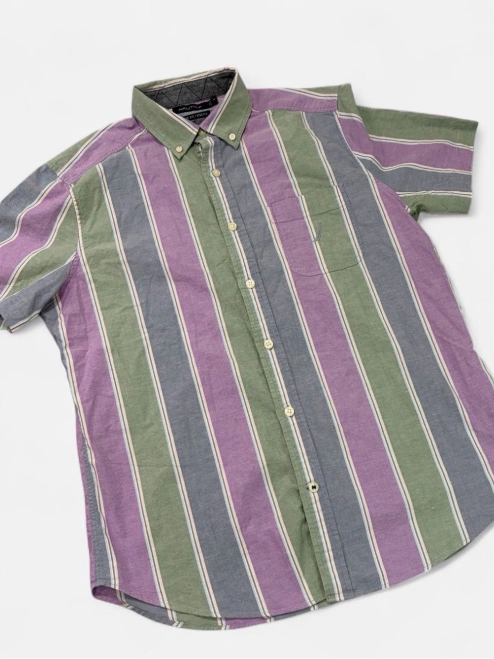 Nautica Classic Fit Stretch Green Purple Striped Button Down Shirt M